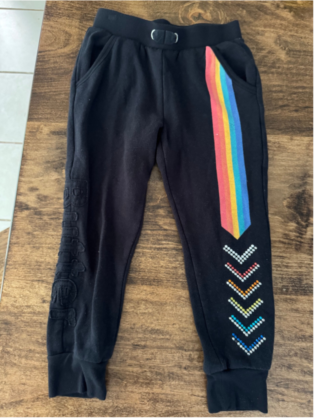 Girls Butter Joggers Size 5 Black w/ Rainbow Stripe & Rhinestones